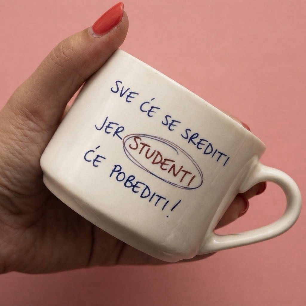 Bela šoljica u ruci sa natpisom Sve će se srediti jer studenti će pobediti